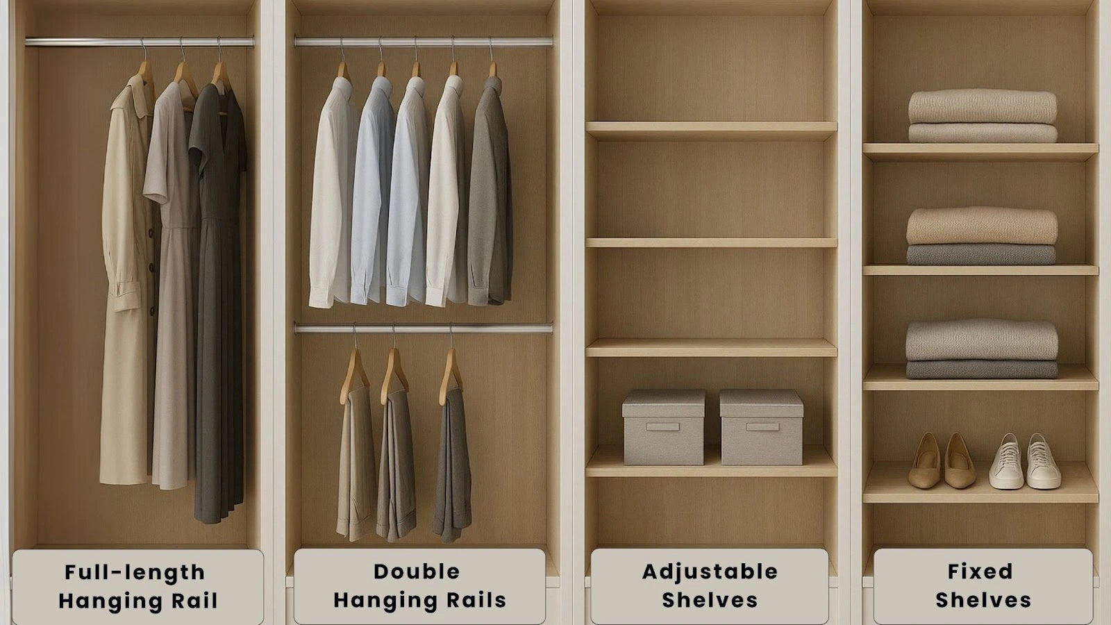 a clean, modern 4-panel landscape collage showing different internals of wardrobe with hanging storage configurations.