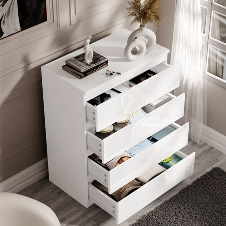 Open white High Gloss 4 Drawer Chest of Drawers filled with clothes and accessories, perfect for organized bedroom storage.