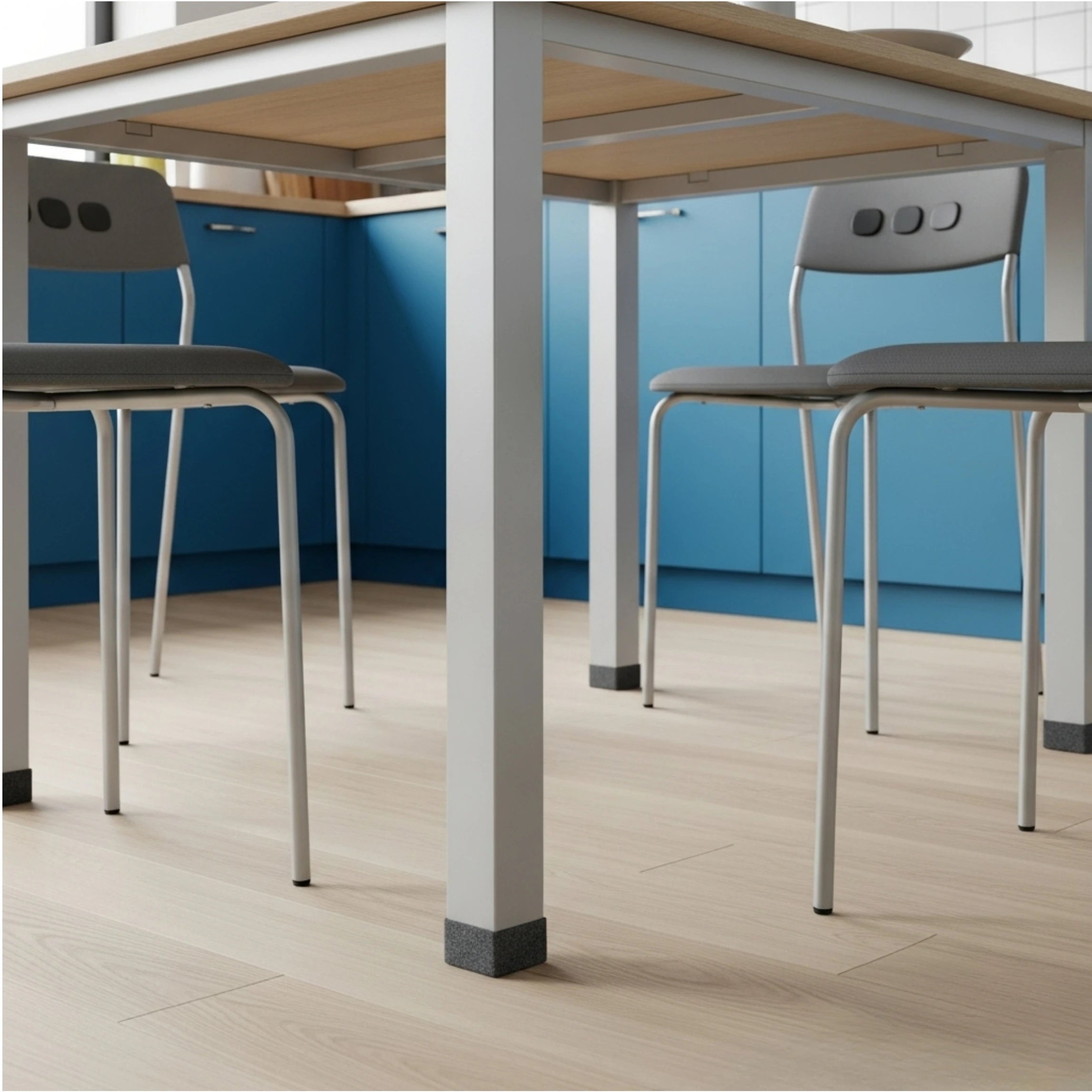 a zoomed image of the table legs and chair legs showing non-slip grip pads in a bright open kitchen dining room.