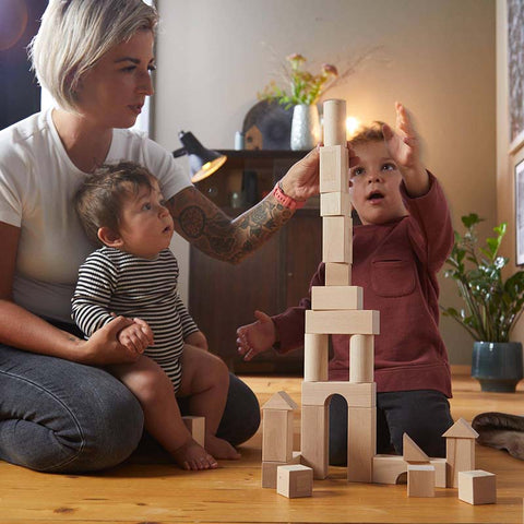 Wooden Building Blocks with Kids and mom building