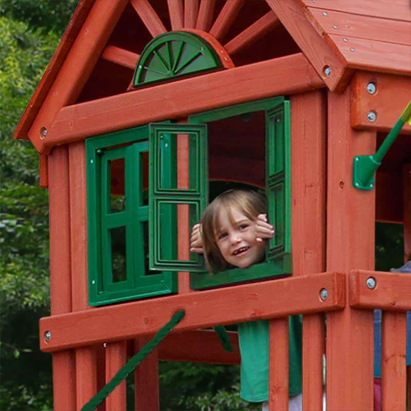 Double Down II Swing Set Cedar Wood Roof with Kid looking out 