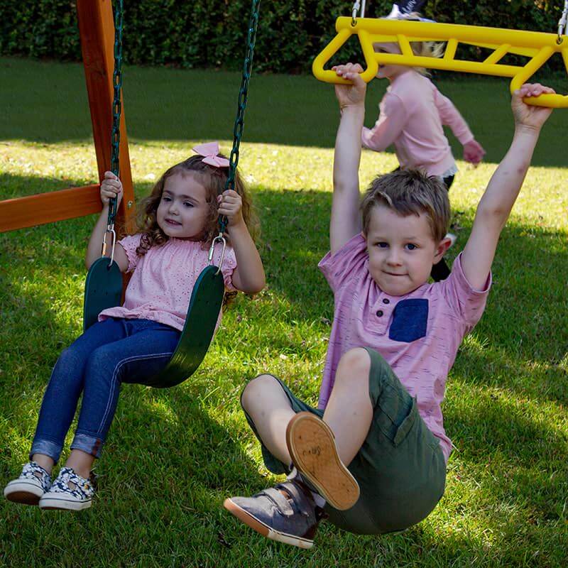 Wooden Swing Set with Girls Swinging