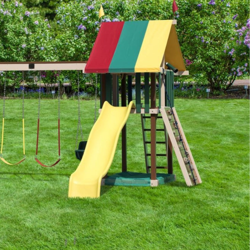 Jolly Retreat poly wood swing set up close