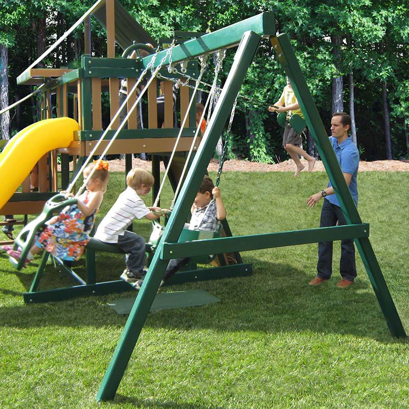 KIdwise Congo Monkey Playsystem #2 With Swing Beam Green And Sand Side View Kids Playing On The Swings