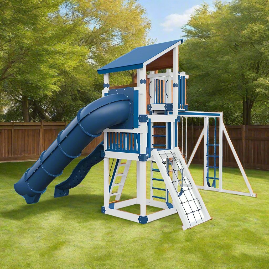 Base Camp 55 Lookout Vinyl Playset in blue and white in a yard