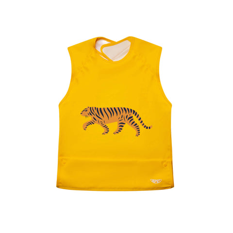 waterproof disability bib for kids, teens and adults. Cap-sleeve, sunshine yellow with tiger graphic
