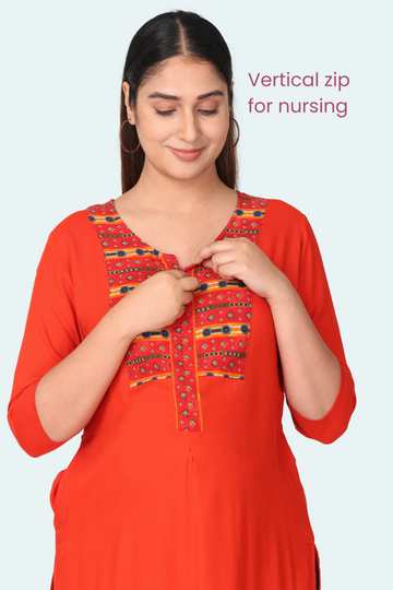 Gajri red feeding nursing kurti with vertical zip 