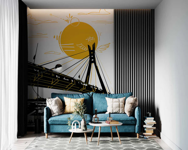 Raknida's beautiful  'Ikoyi Link Bridge Lagos' wallpaper installed on the wall behind a couch with pillows