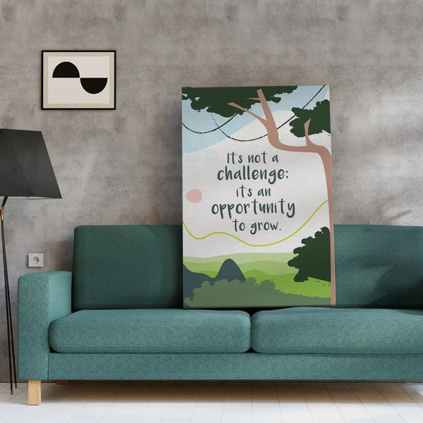 Raknida's 'Opportunity to Grow' canvas print resting on a green couch in a room that matches its colour theme 