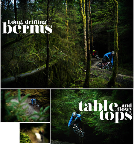 "Hope Line" descent at the local trail centre, Gisburn Forest. The red graded Hope Line incorporates long drifting berms and flowy table tops.