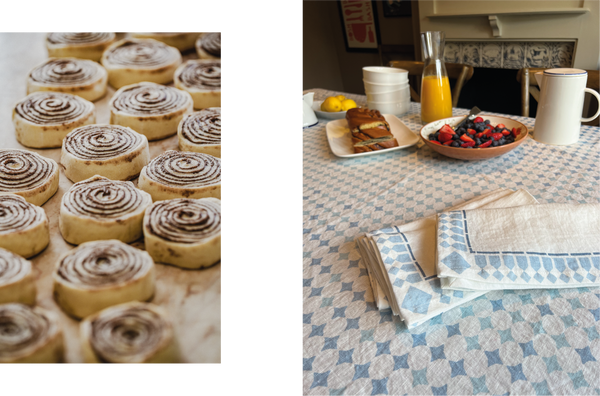 Tablelinens and cinnamon buns to share