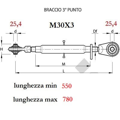 braccio terzo punto meccanico categoria 2 m30x3 fori da 25,4 e 25,4 millimetri lunghezza minima 550 e massima 780 millimetri 