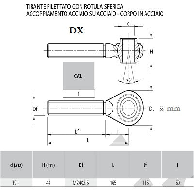 tirante filettato dx con rotula sferica terzo punto categoria 1 misura 24x2,5