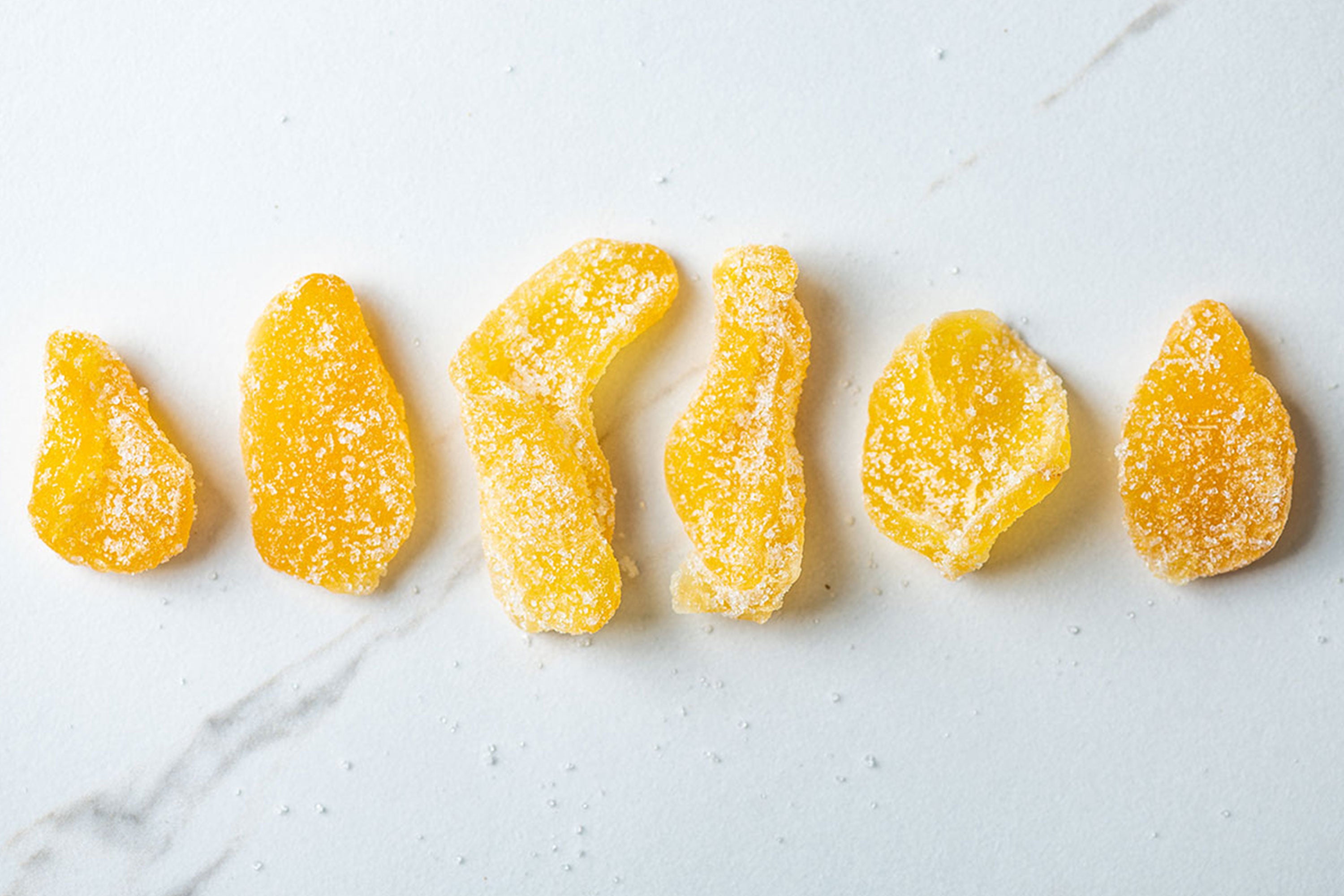 Six pieces of sliced crystallized ginger