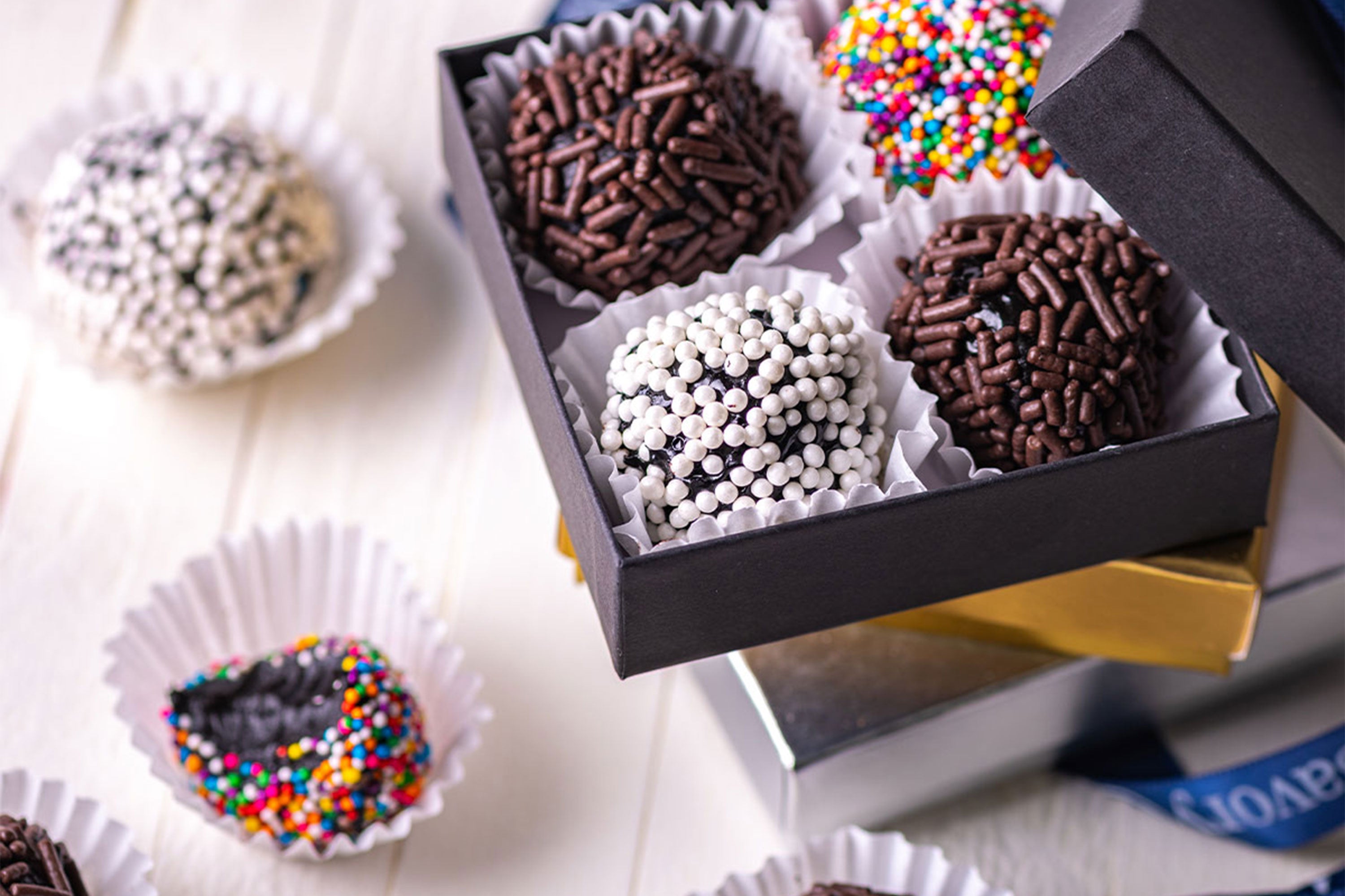 Cookies & Cream Brigadeiros in box with sprinkle toppings