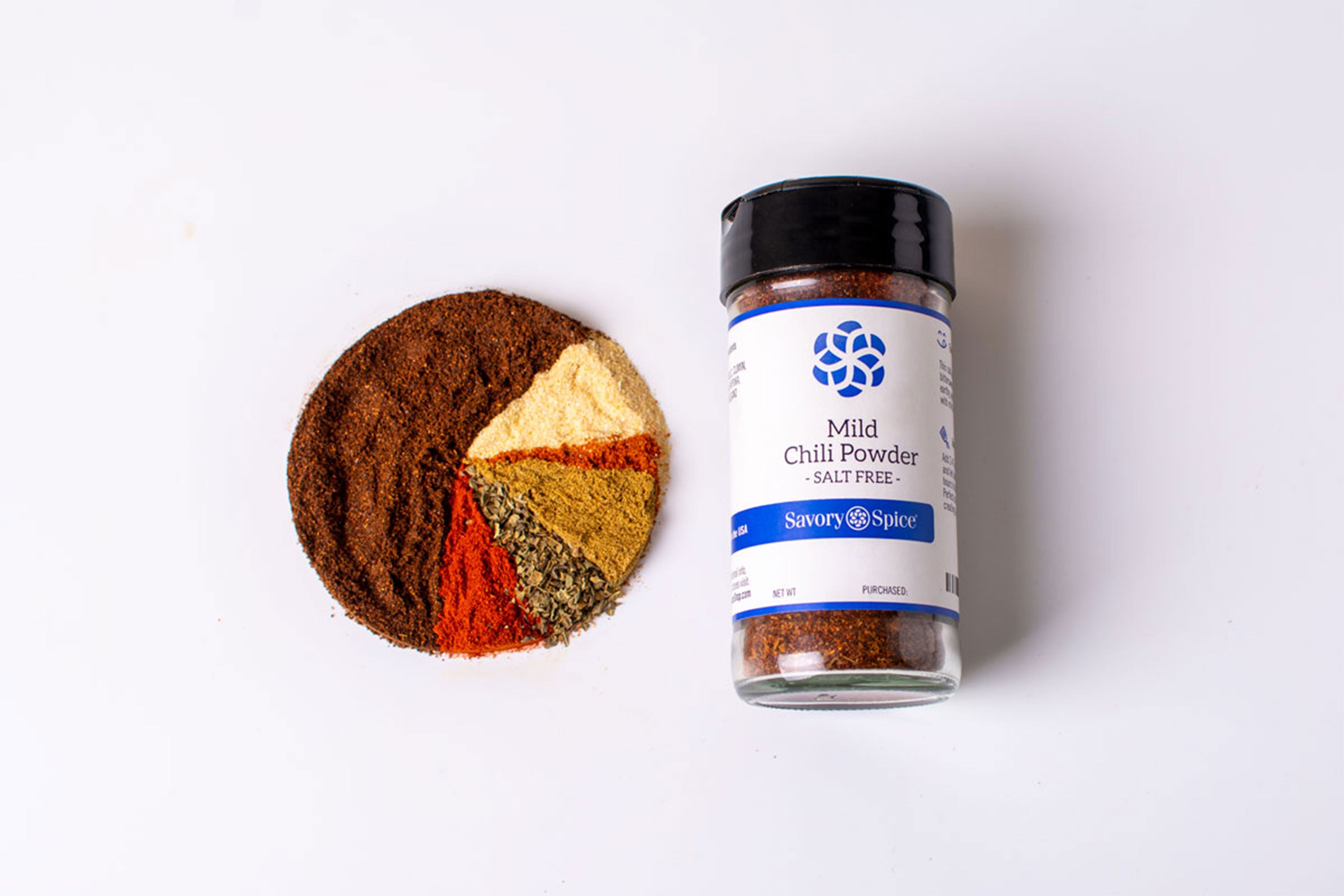 Ingredients in chili powder as a pie chart with jar of Mild Chili Powder
