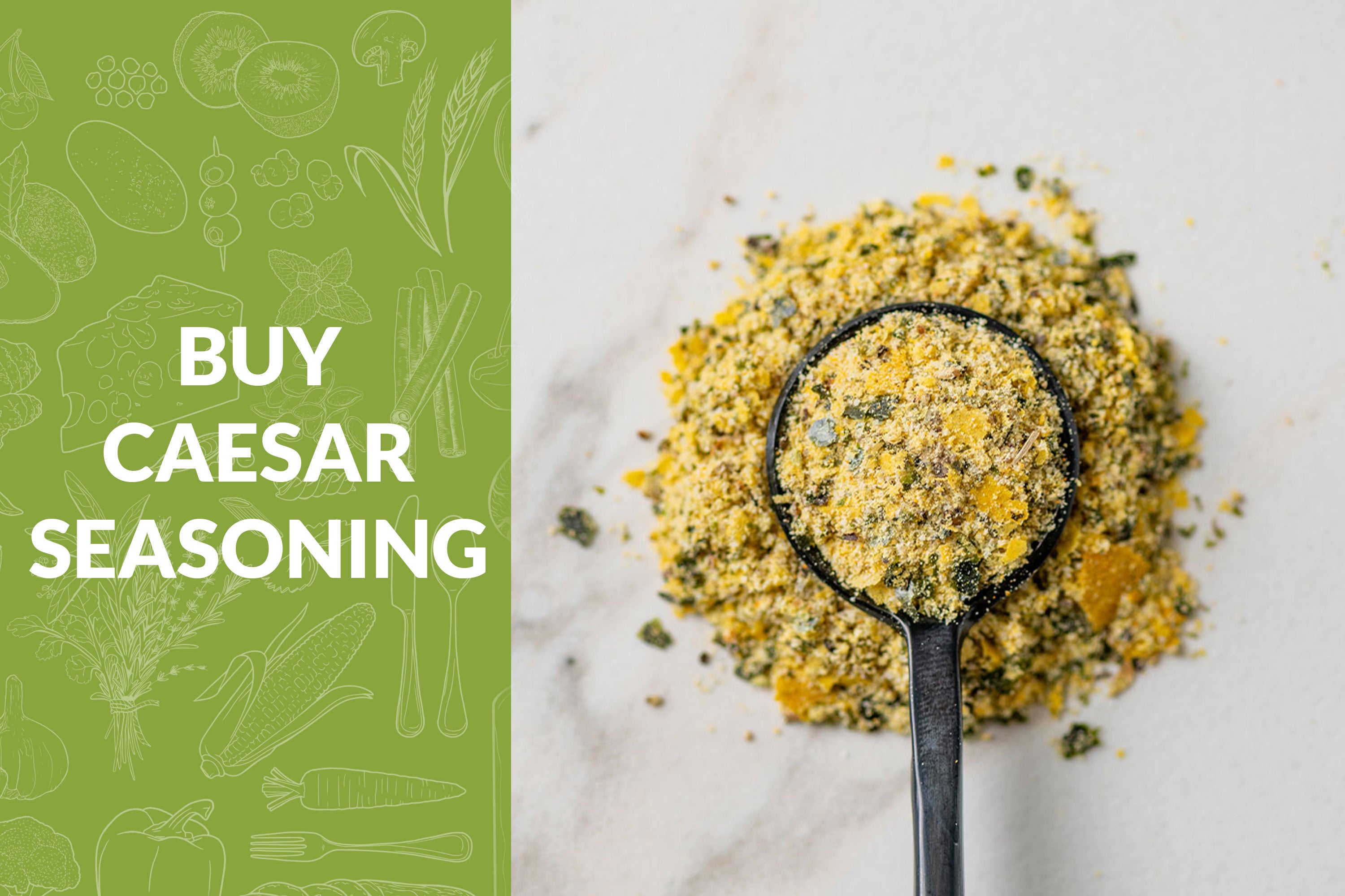 Buy Caesar Seasoning on green background with a spoon of the seasoning to the right