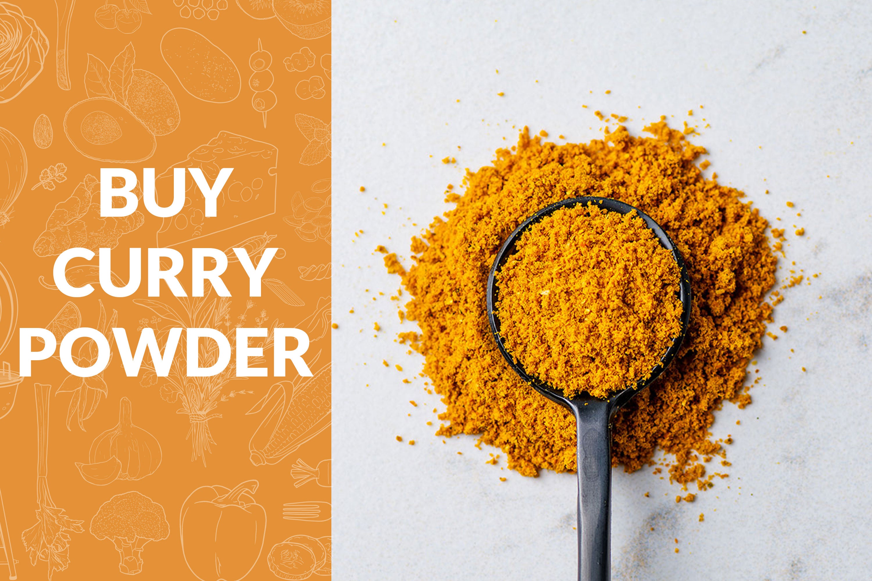 Buy Curry Powder on the left with spoon of curry powder on the right