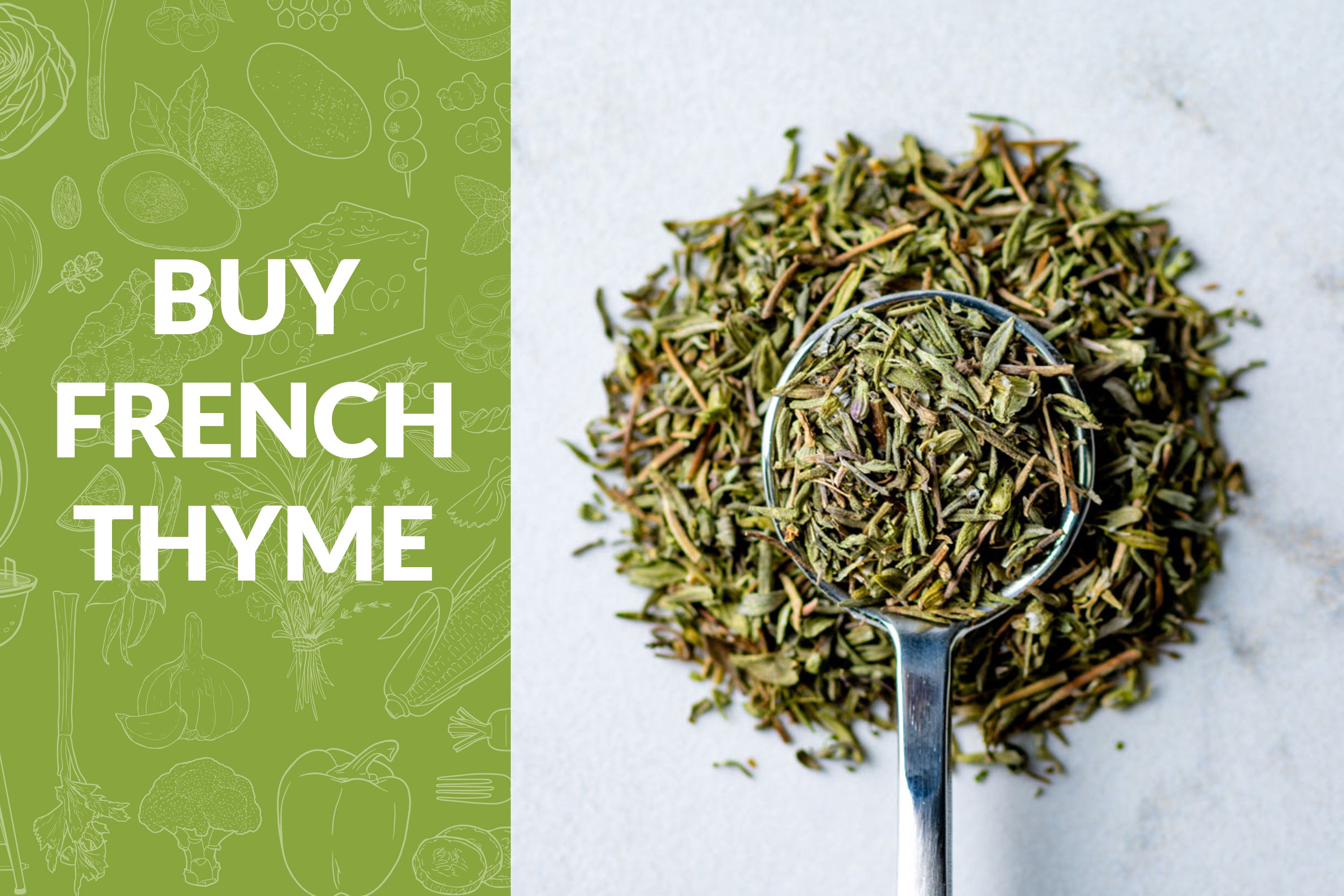 Buy French Thyme on green background with a spoon of thyme on the right