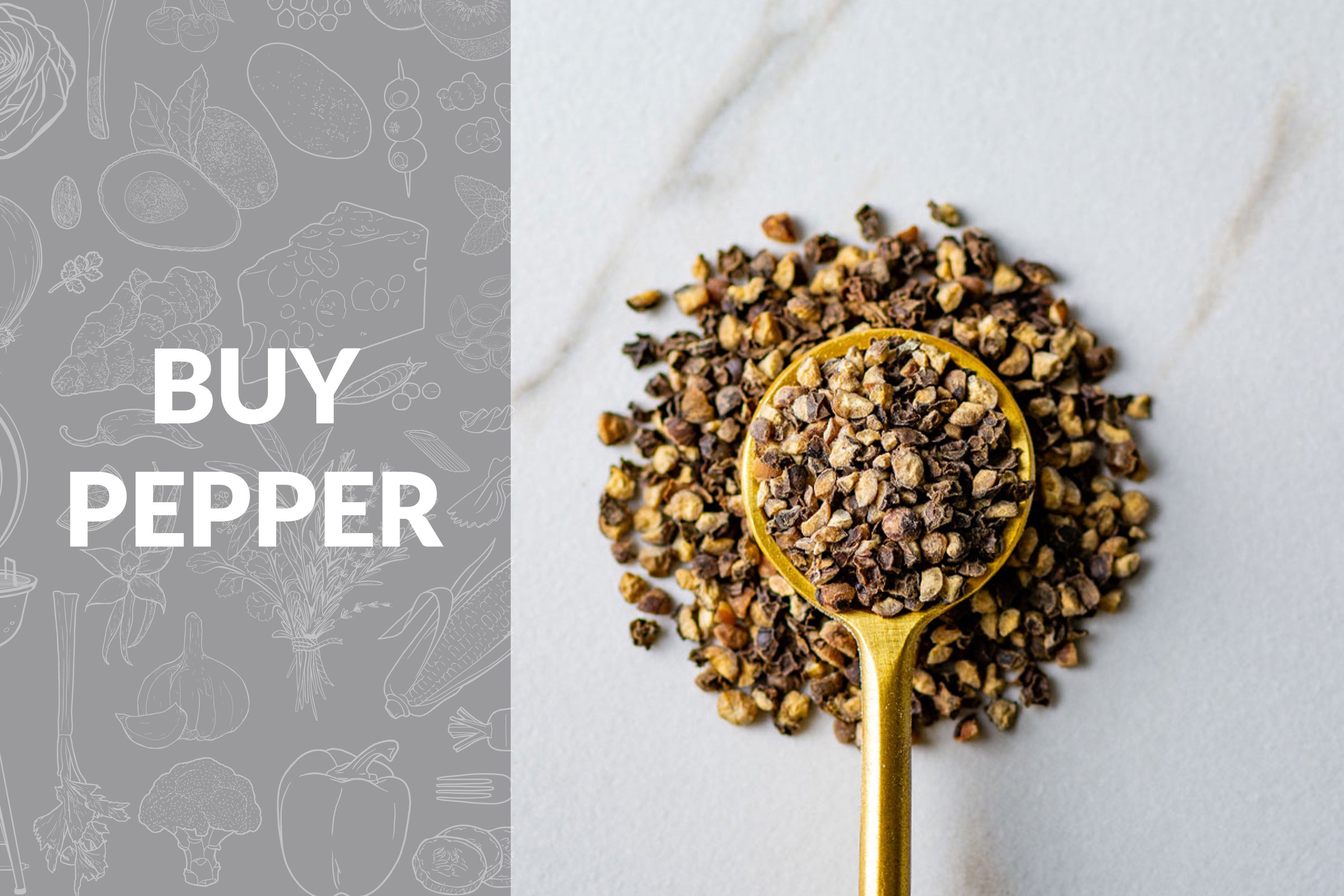 Buy Pepper on grey background with spoon of coarse black pepper on the right