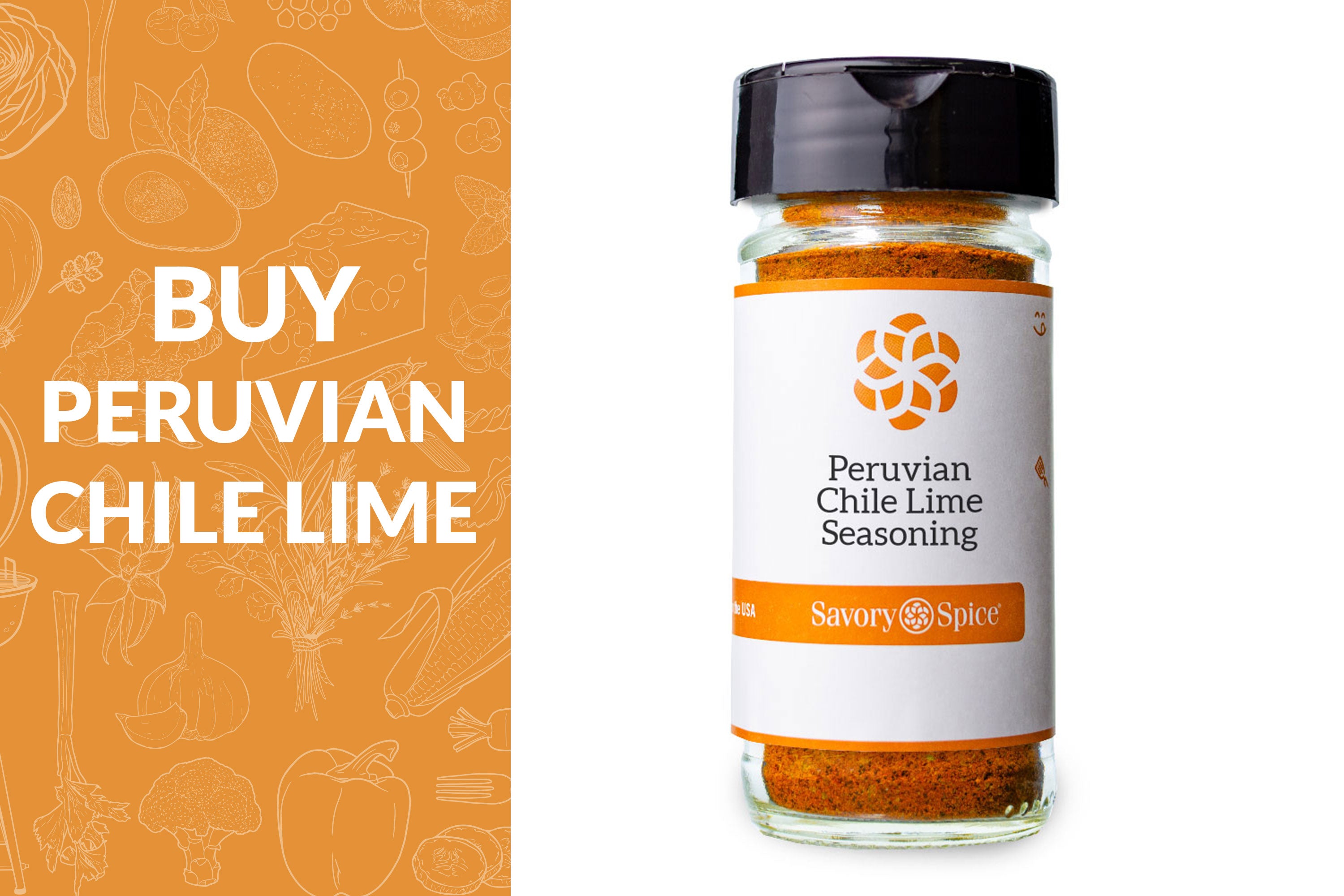 Buy Peruvian Chile Lime Seasoning on orange background with jar of Peruvian Chile Lime Seasoning on right