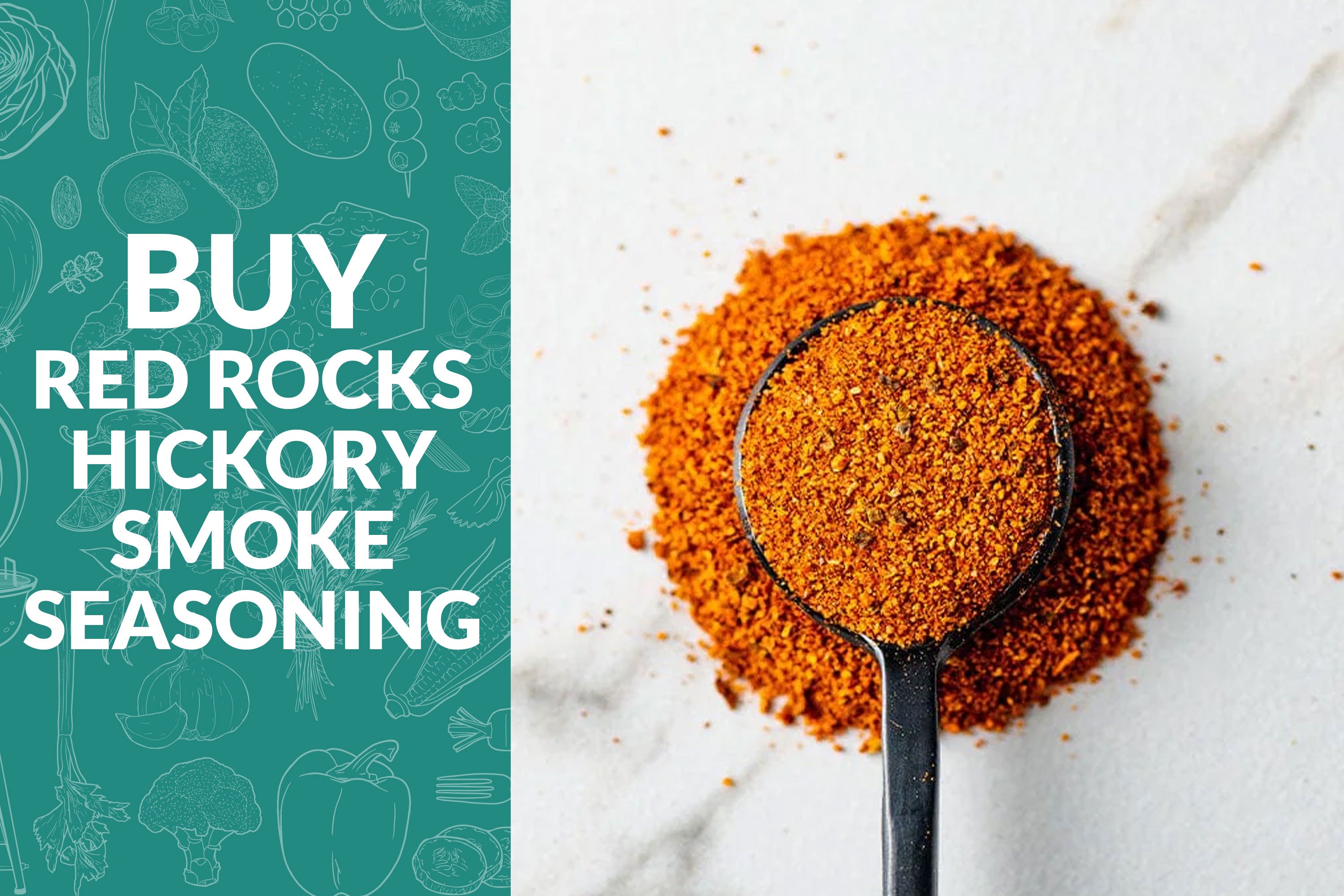 Buy Red Rocks Hickory Smoke Seasoning on teal background on left and spoon of seasoning on right