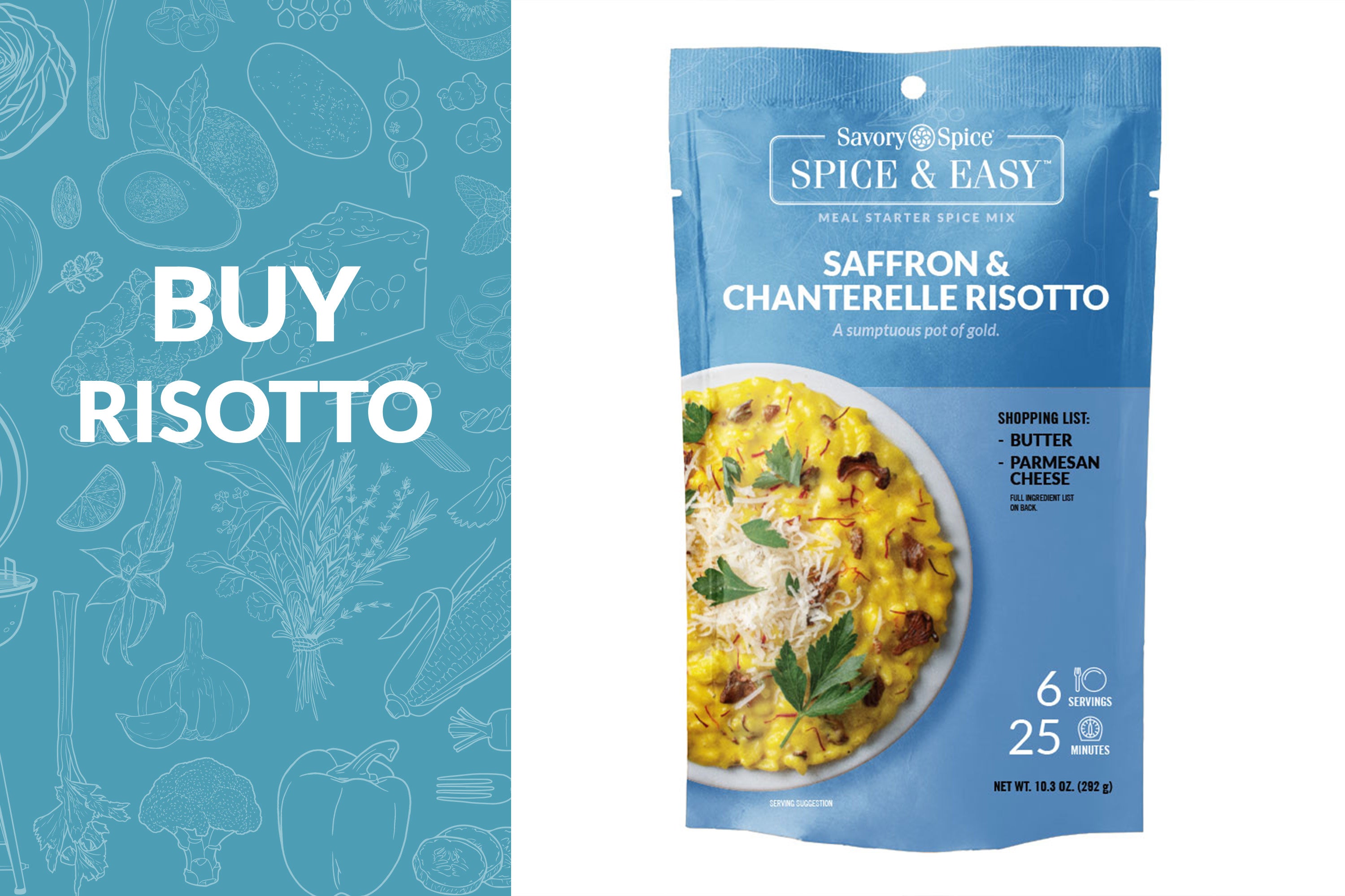 Buy Risotto on blue with Saffron & Chanterelle Spice & Easy on the right