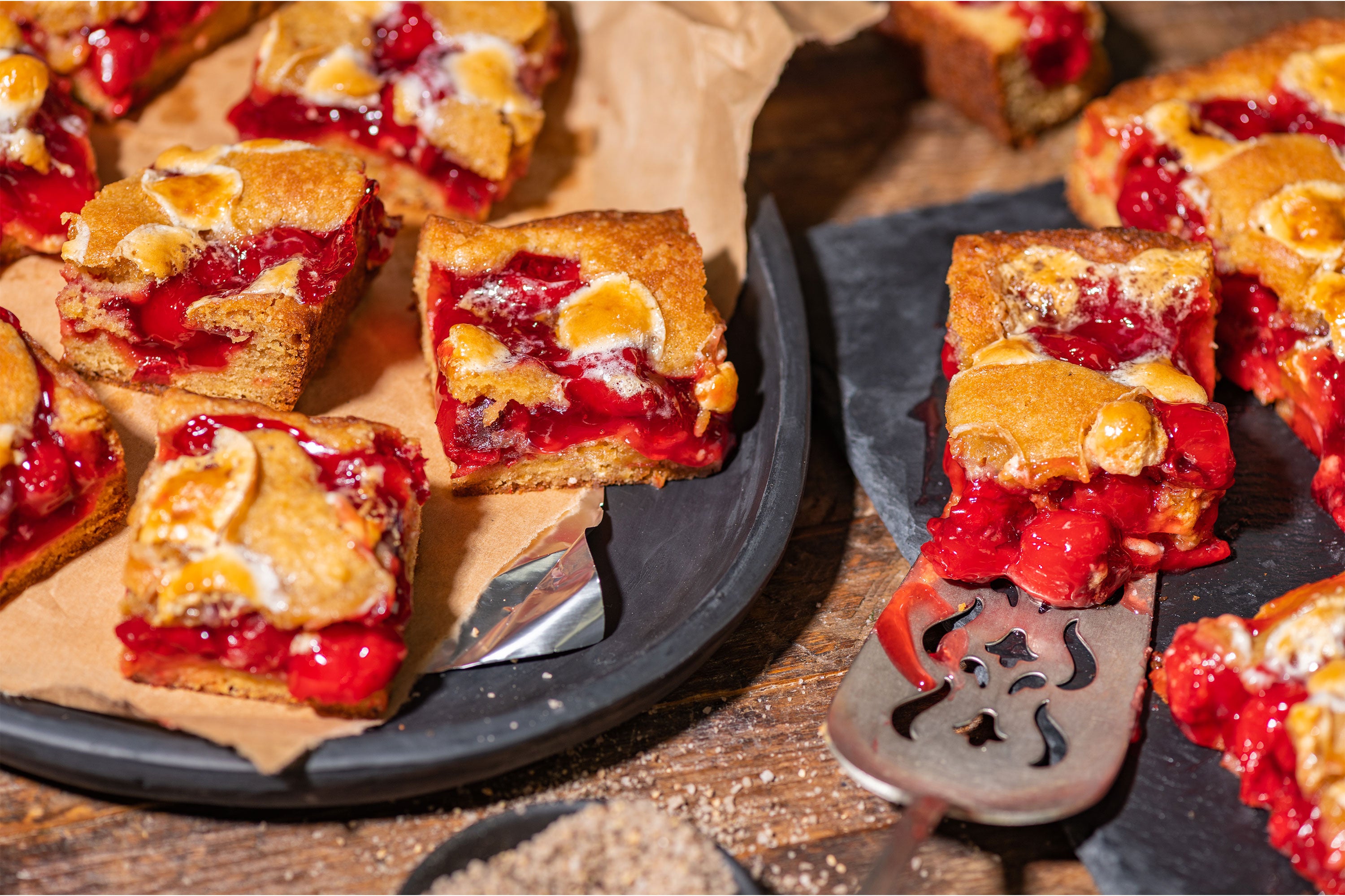 Cherry Bonfire Bars with smoked salt & pepper