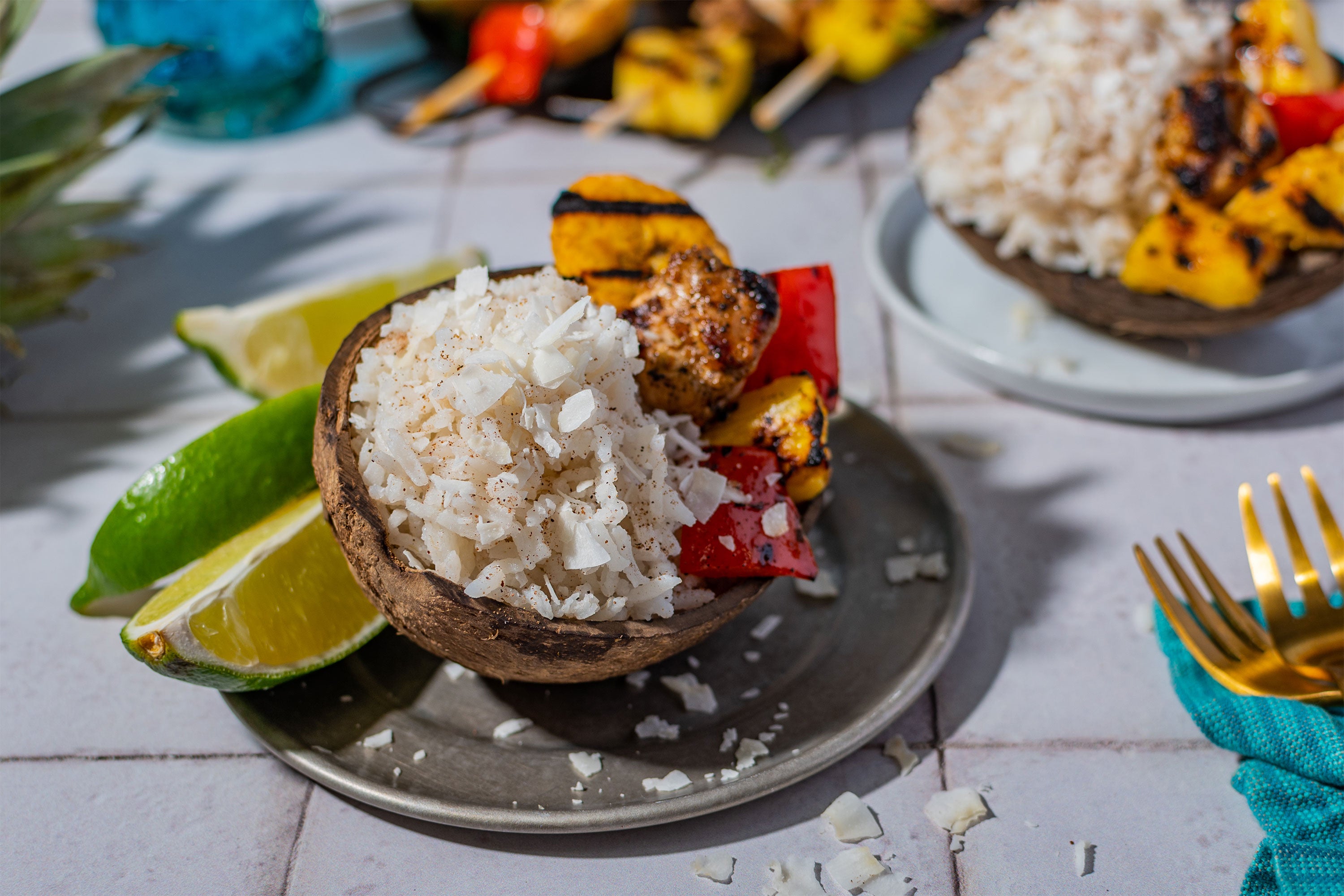 Caribbean Coconut Rice with grilled meats and vegetables