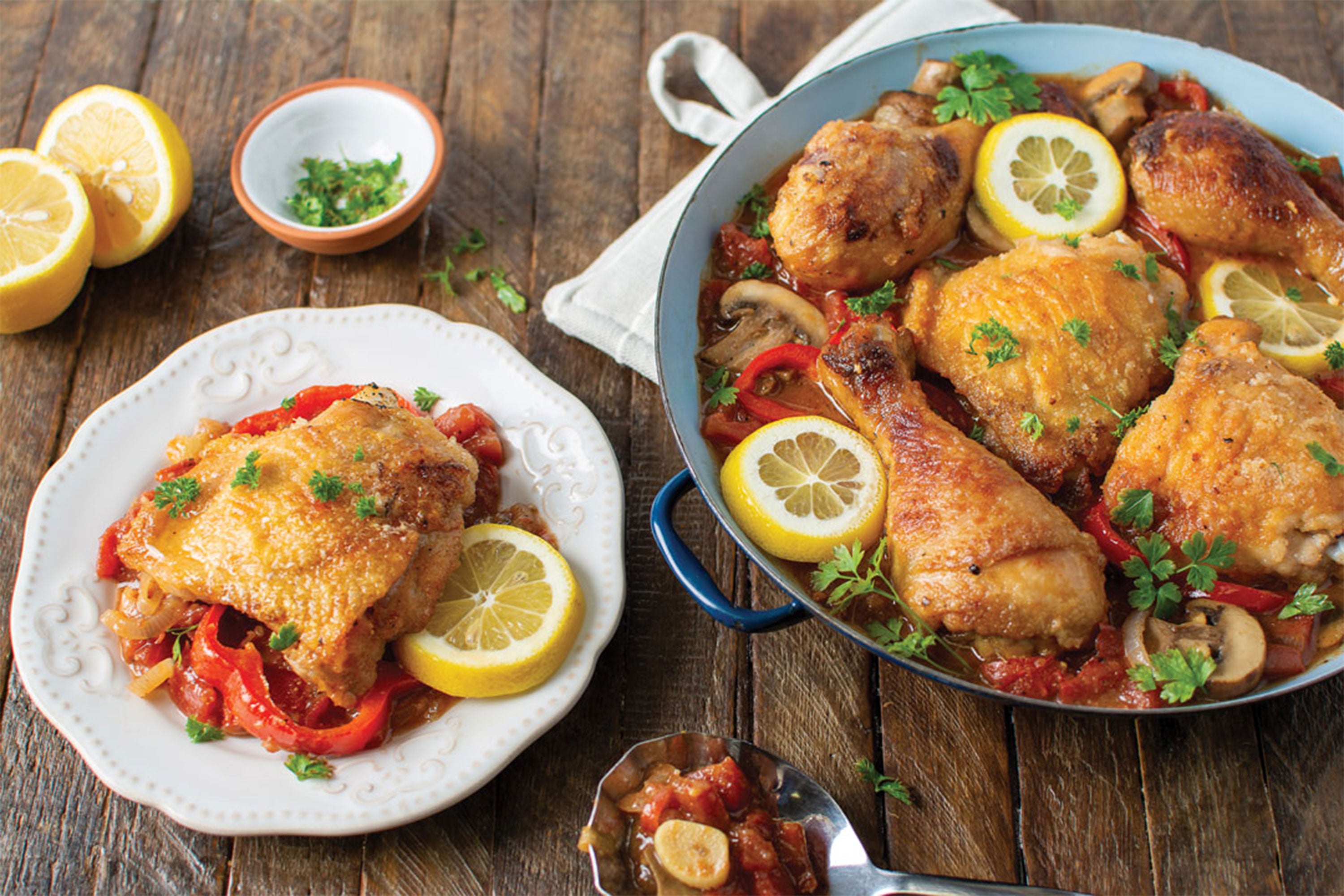 Lemon Chicken Cacciatore single serving plate on left and dish on right