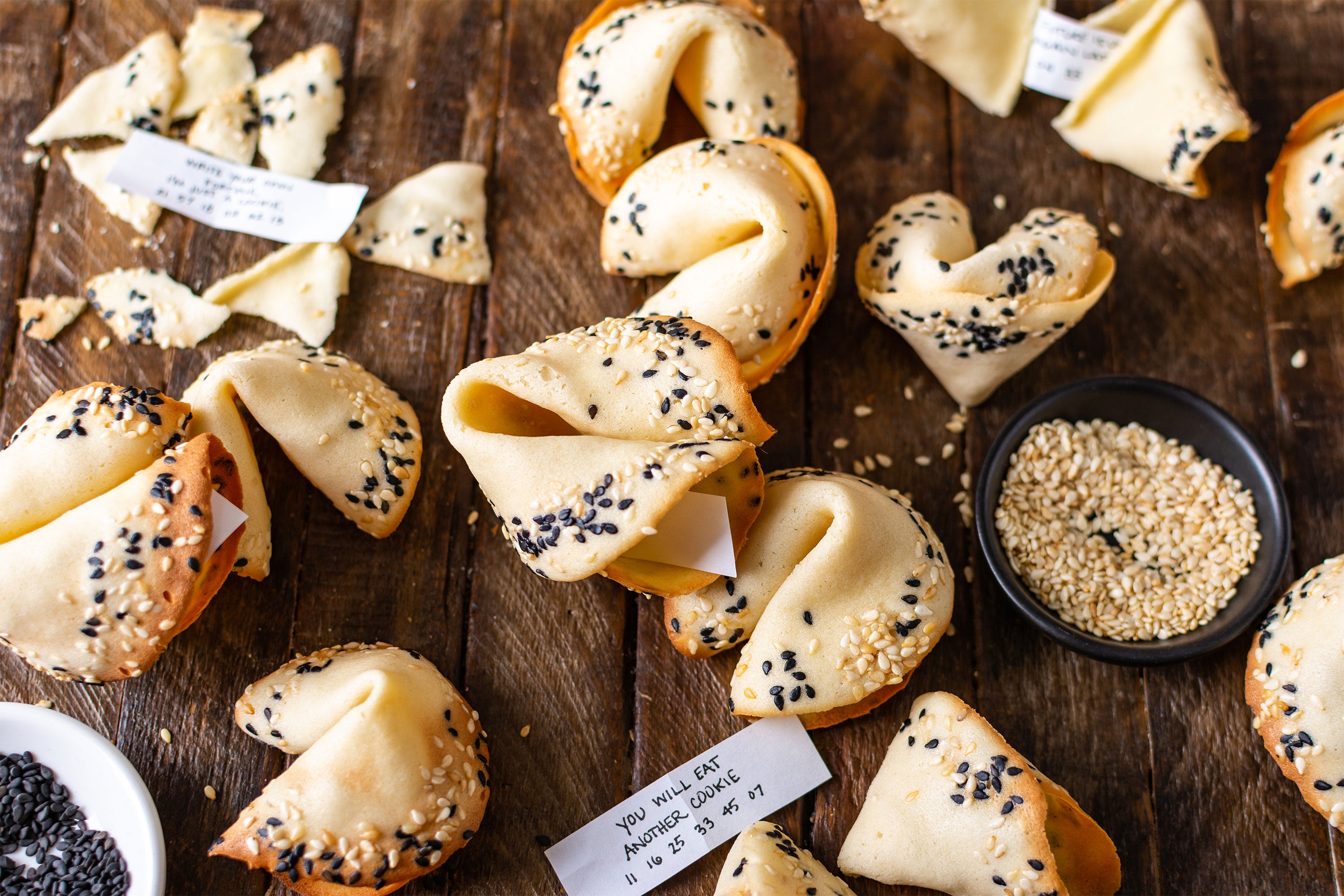 Honey Sesame Fortune Cookies with black and white sesame seeds