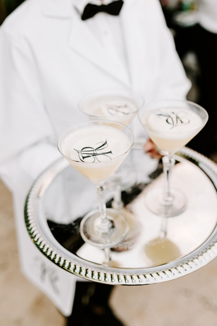 edible cocktail topper with Elegant Quill monogram