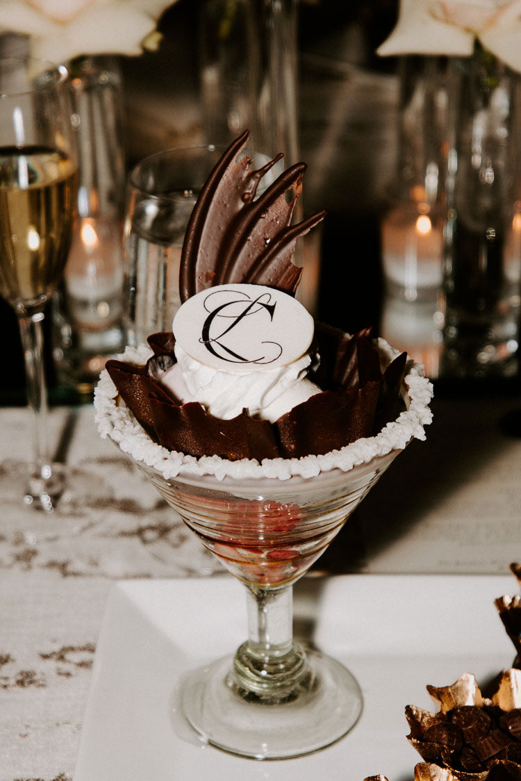 ice cream sundae with Elegant Quill monogram on edible wafer topper