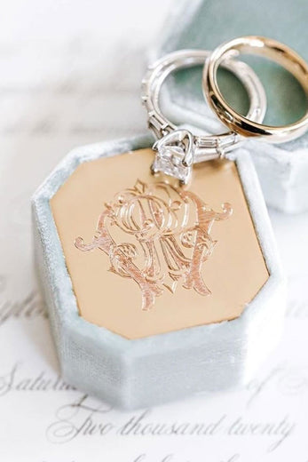 custom ring box with engraved antique monogram