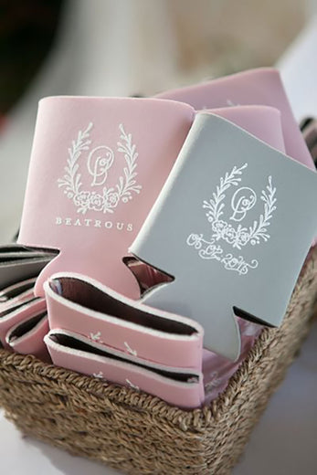 monogrammed koozies pink and gray