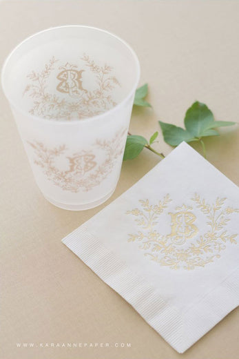 monogrammed plastic monogrammed cup and paper napkin with gold monogram
