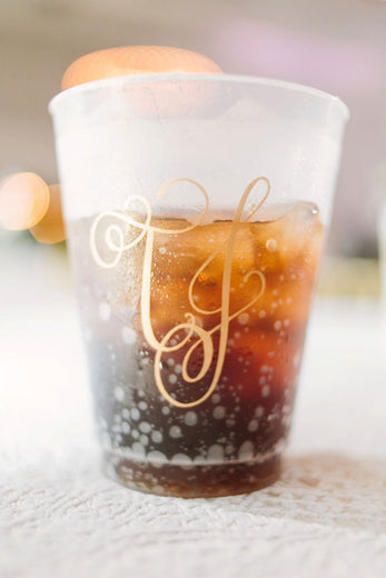 personalized frosted plastic cup with gold wedding monogram