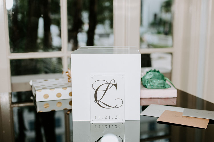 personalized wedding card box with Elegant Quill monogram