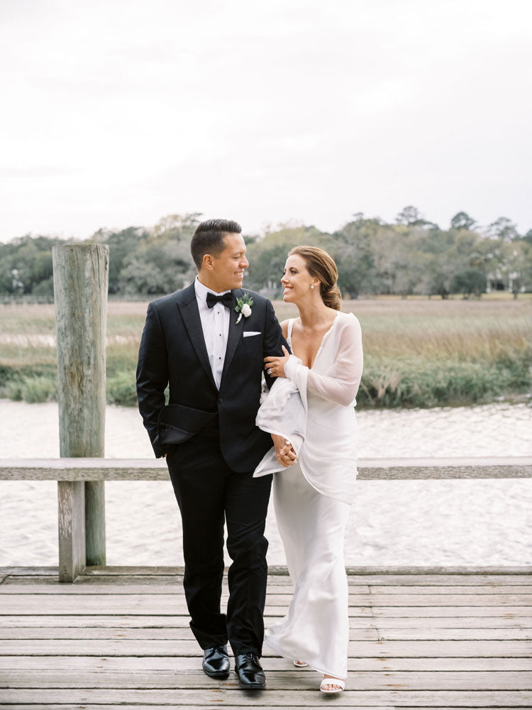 waterfront wedding couple