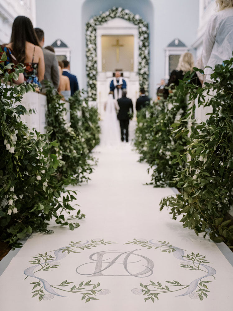 wedding aisle runner with Elegant Quill monogram