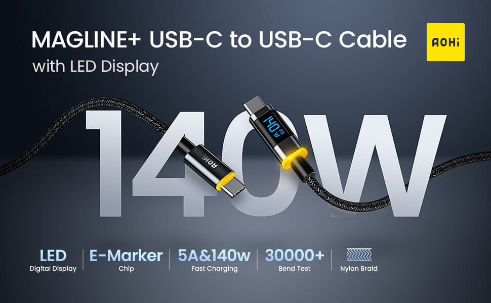 AOHI Magline+140W Nylon USB C to USB C LED Digital Display Cable 4ft