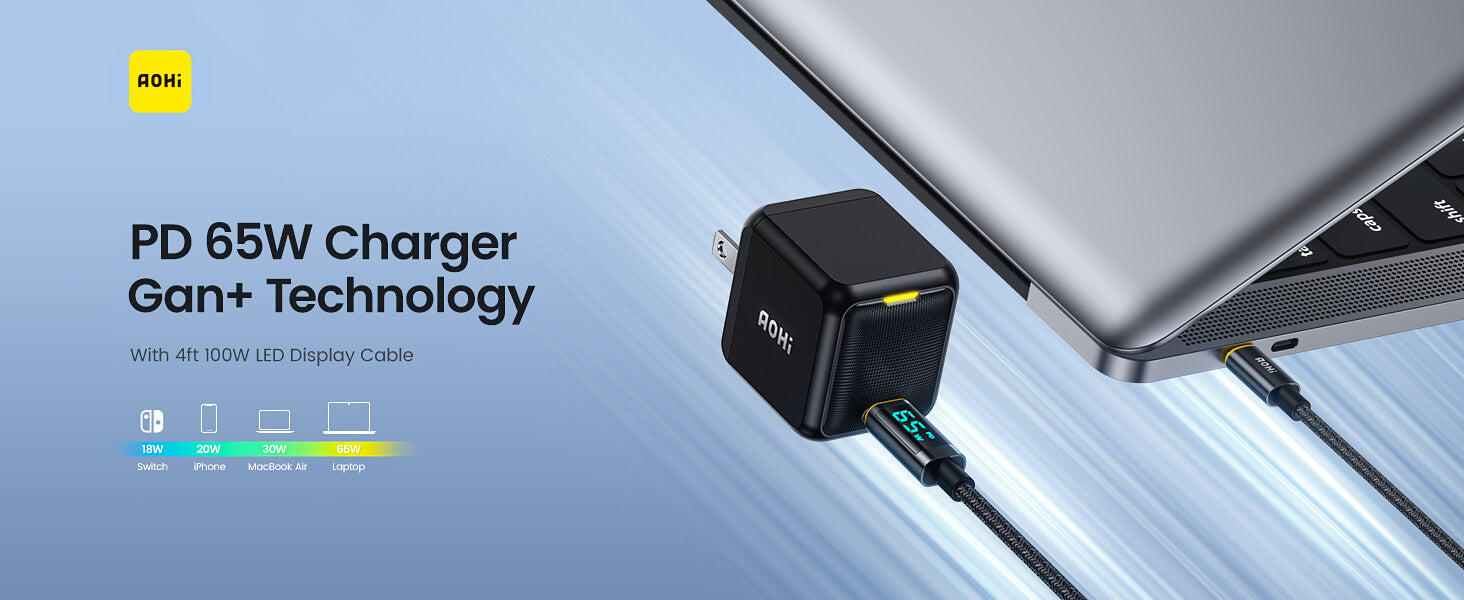 AOHI Cargador USB C PD de 65 W, GaN+ Magcube adaptador de corriente de  cargador de pared rápido con cable de pantalla LED USB C a USB C de 4 pies  para