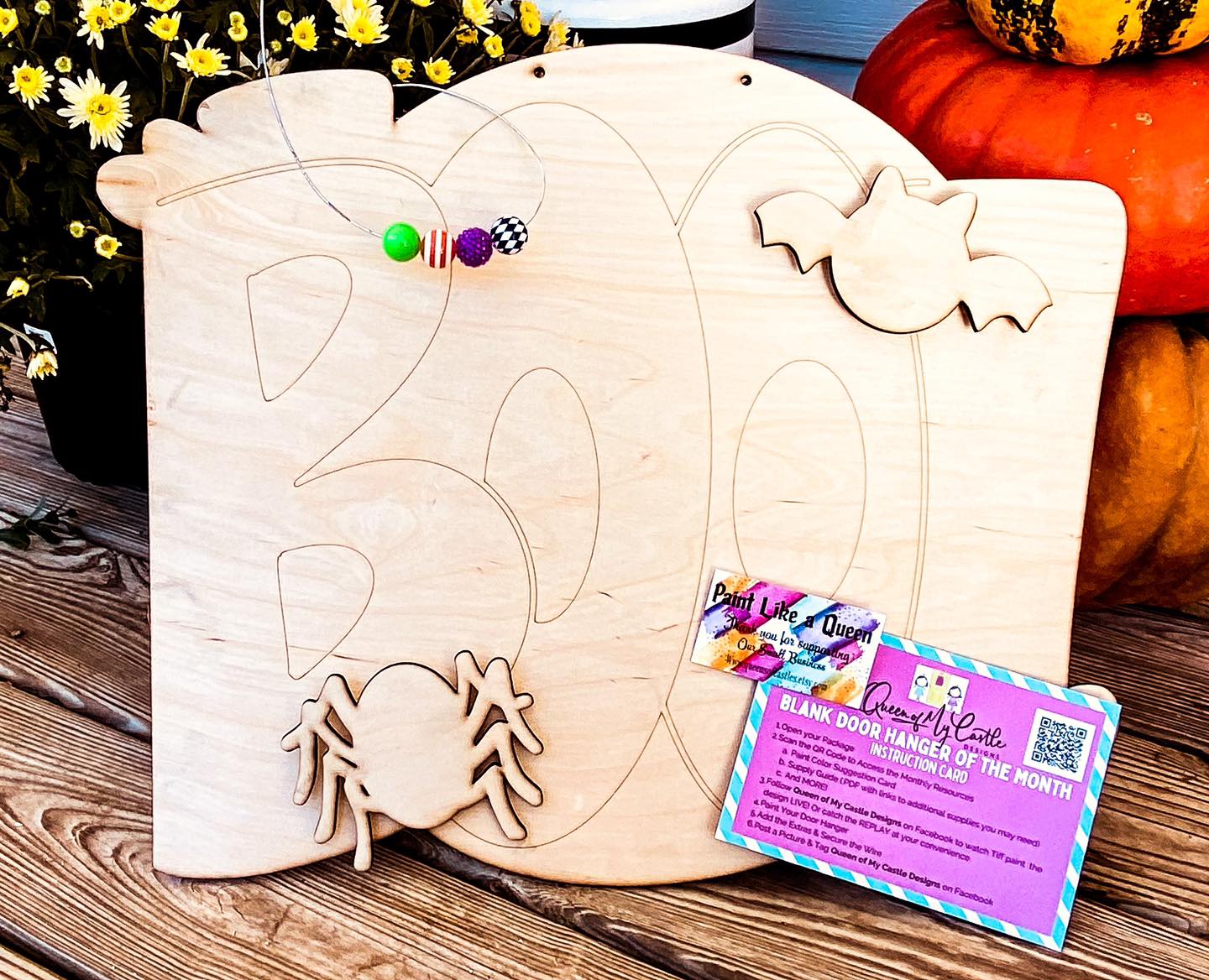 Fall blank door hanger of the month pictured with instructions.