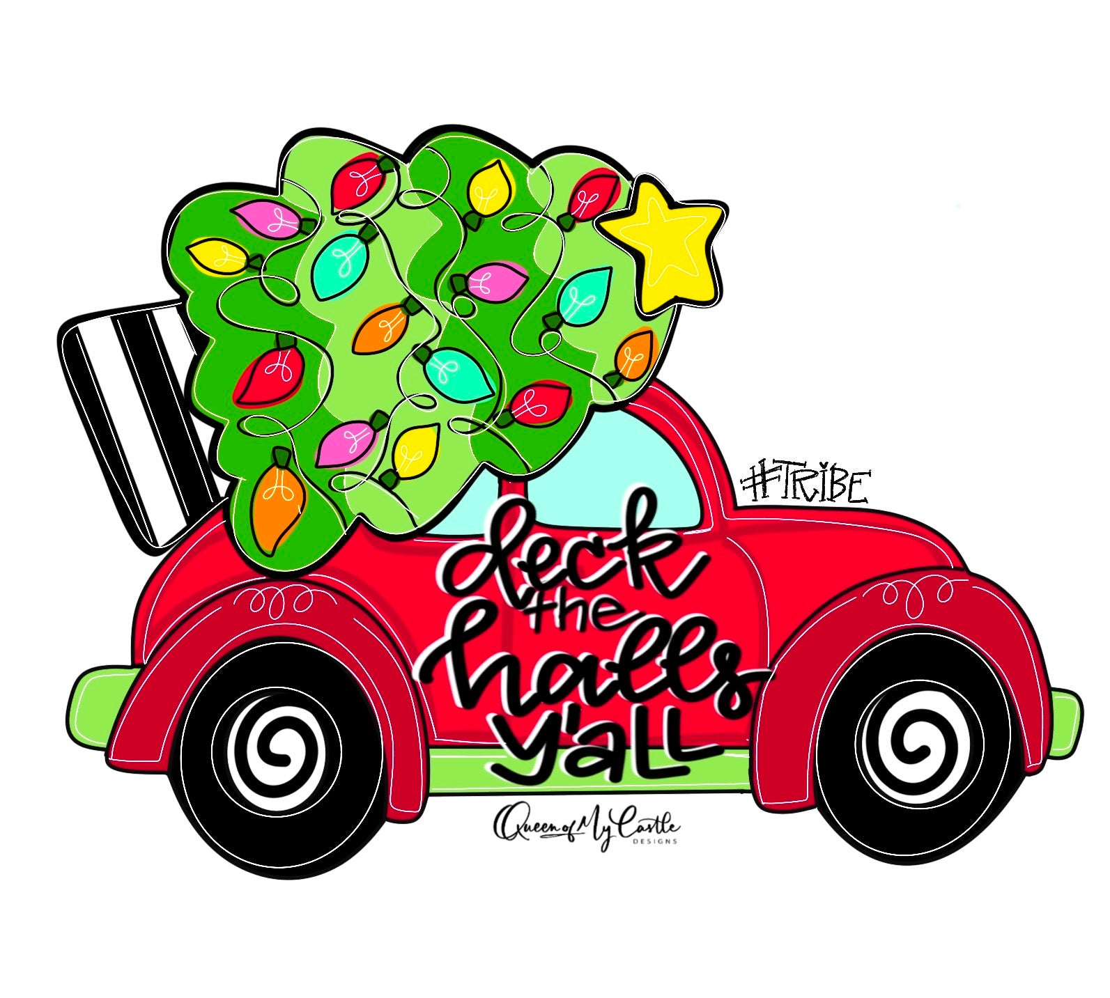 Door hanger template in the shape of a car carrying a holiday tree with the text 