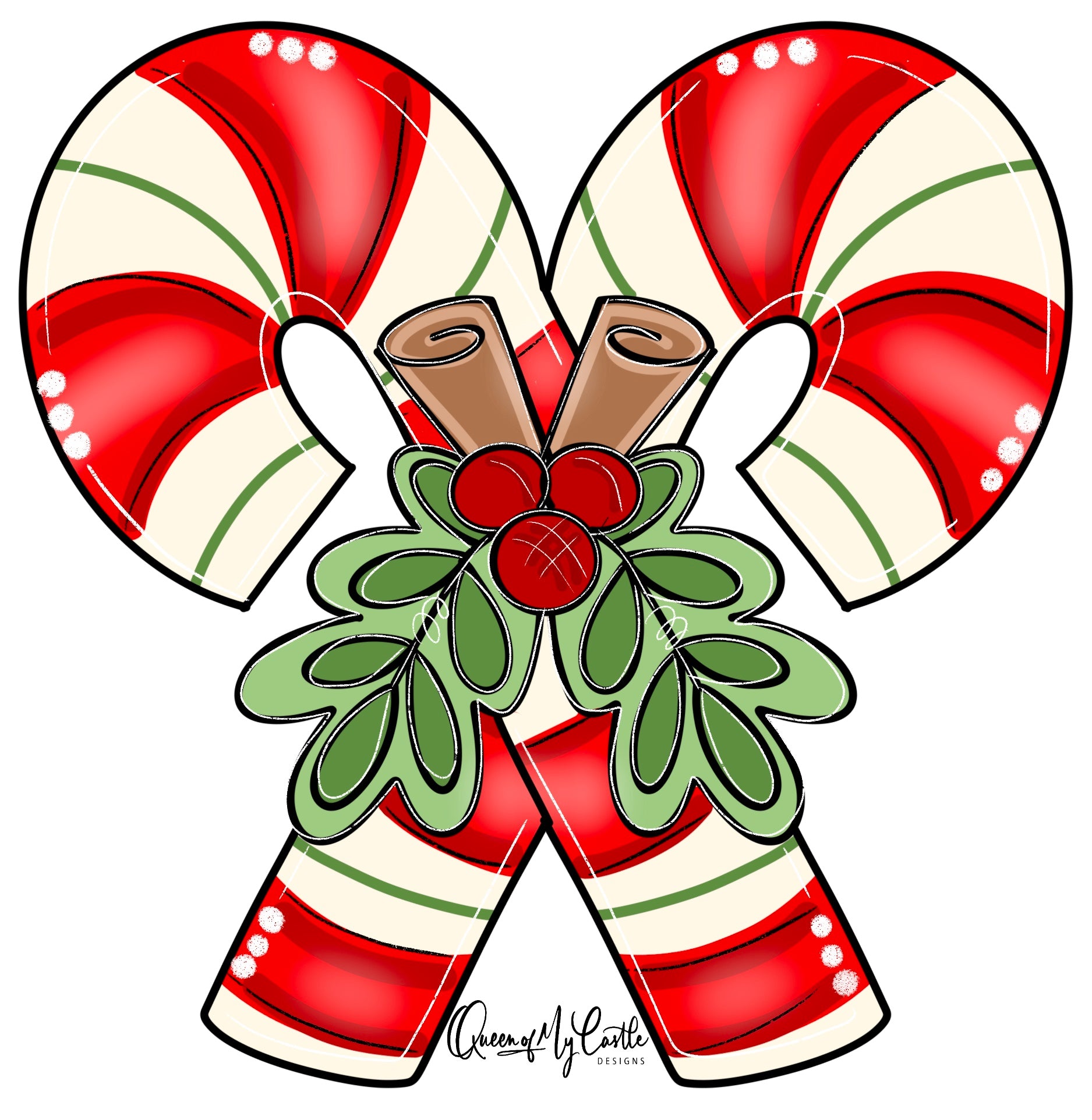 Door hanger template in the shape of two overlapping candy canes with mistletoe