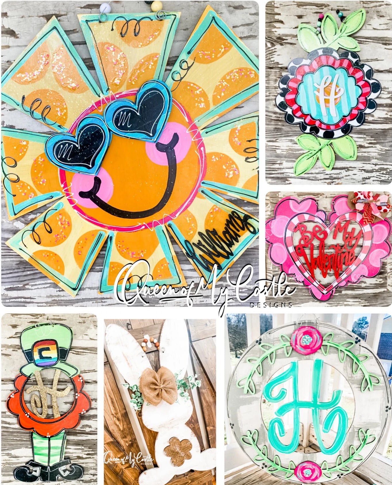 Collage of door hangers including sun, flower, heart, leprechaun, rabbit, and circle door hangers.