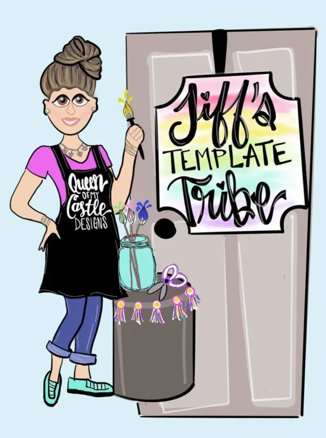 Sketch of Tiff with paintbrush and a door hanger that says 