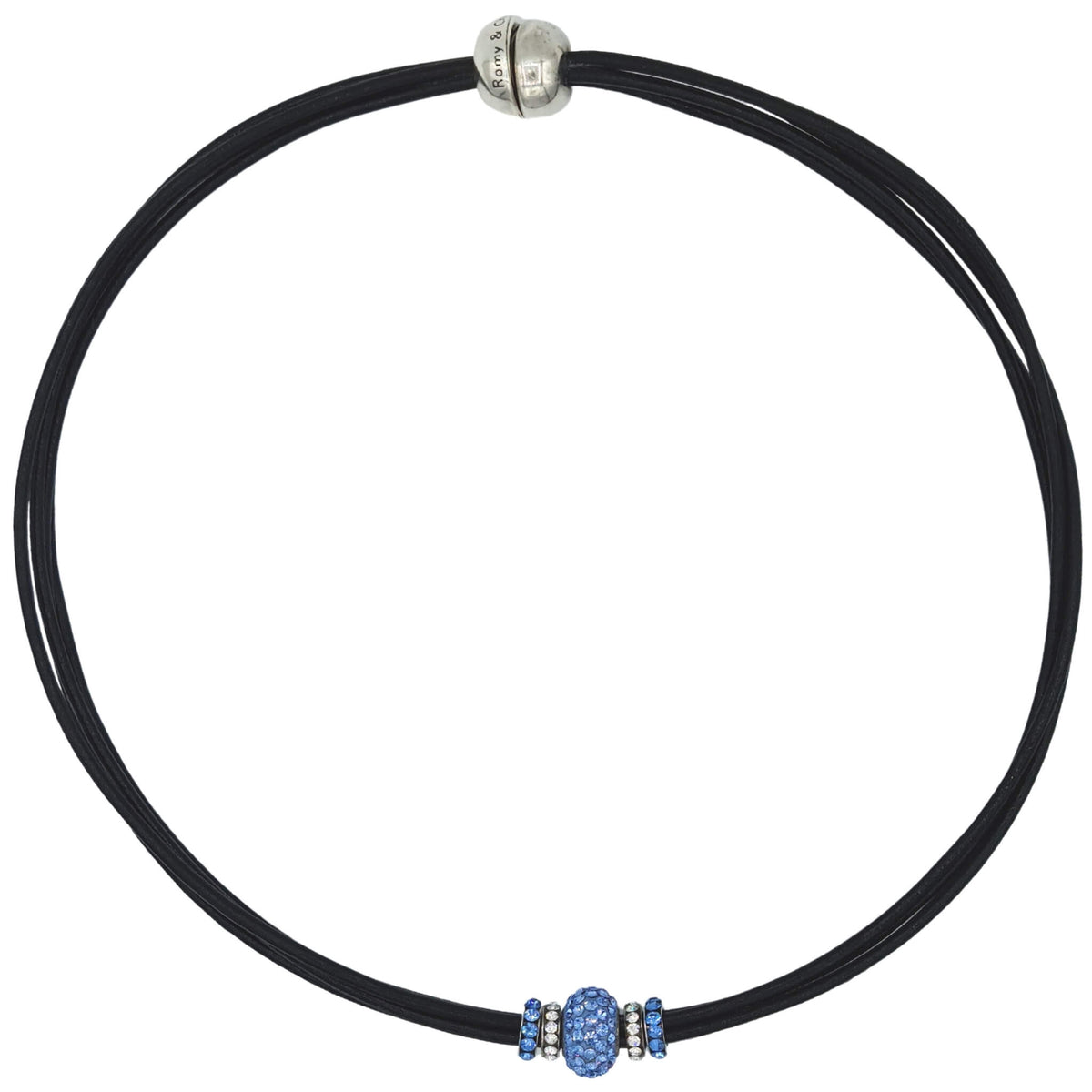 Black leather choker necklace and blue crystal diamonds –  