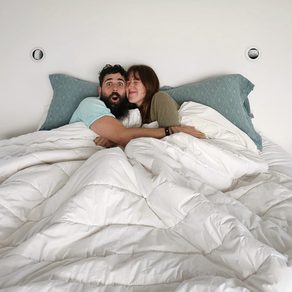 Kate and Tim loving their Kind Face duvet