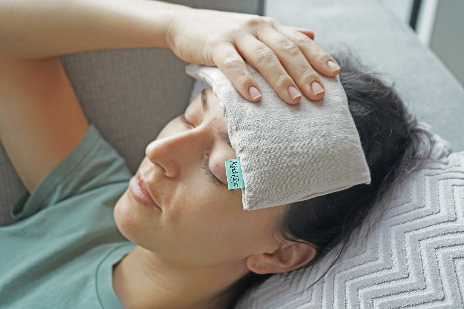 Kind Face_Weighted Eye Pillow_Lifestyle-Relieving a headache-BLUSH linen.jpg__PID:3954ab1d-038b-41a2-9f88-a34abd59379f